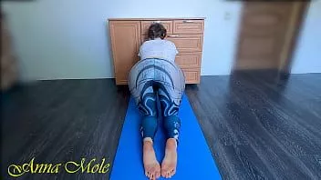 play Yoga classes, beauty with a big juicy ass in spandex leggings does yoga on the mat caressing her pussy